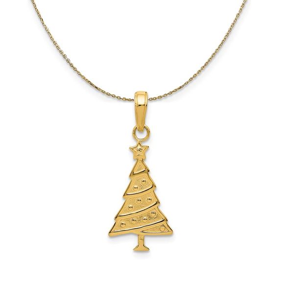 14k Yellow Gold Christmas Tree and Garland Necklace - 16 Inch